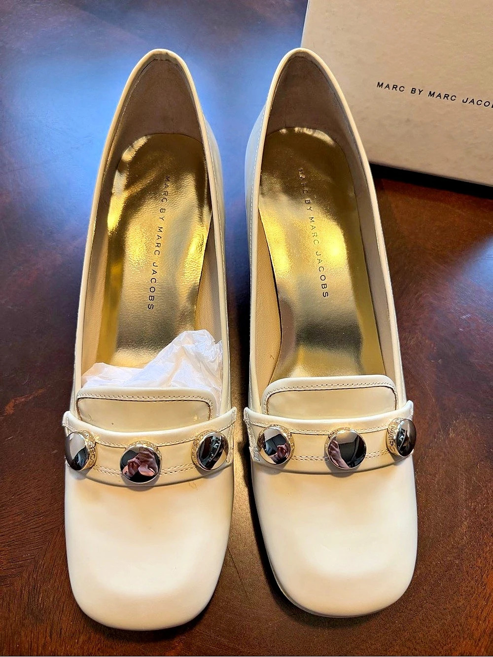 Marc by Marc Jacobs Cream Calf Leather Striped Block Heel Pumps Shoes Size 37.5